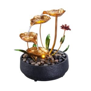 tabletop fountain metal lotus circulating fountain water feature for zen home decor warm yellow scene light