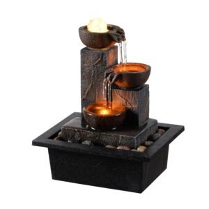 three bowls with rotating ball flowing tabletop fountain home décor indoor/outdoor decor waterfall sound zen mini fountain warm led light pebbles stone